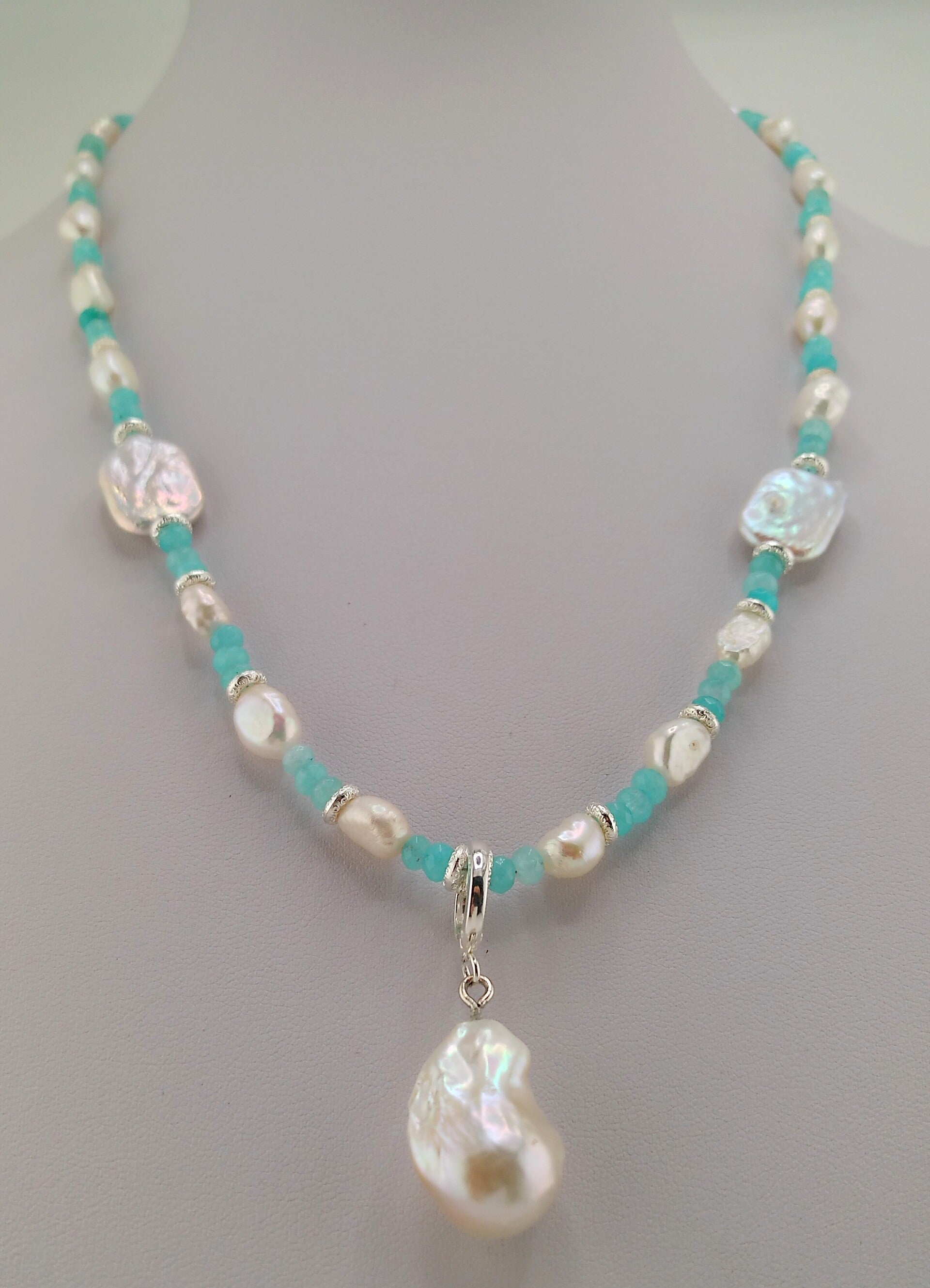 Keshi & Freshwater Pearl Necklace with Blue Apatite – Detachable Baroque Pearl Pendant