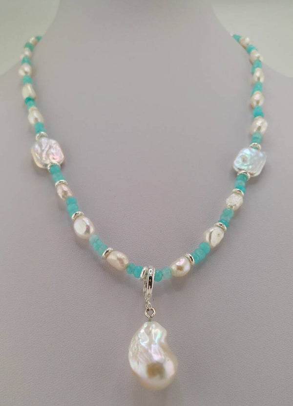 Keshi & Freshwater Pearl Necklace with Blue Apatite – Detachable Baroque Pearl Pendant