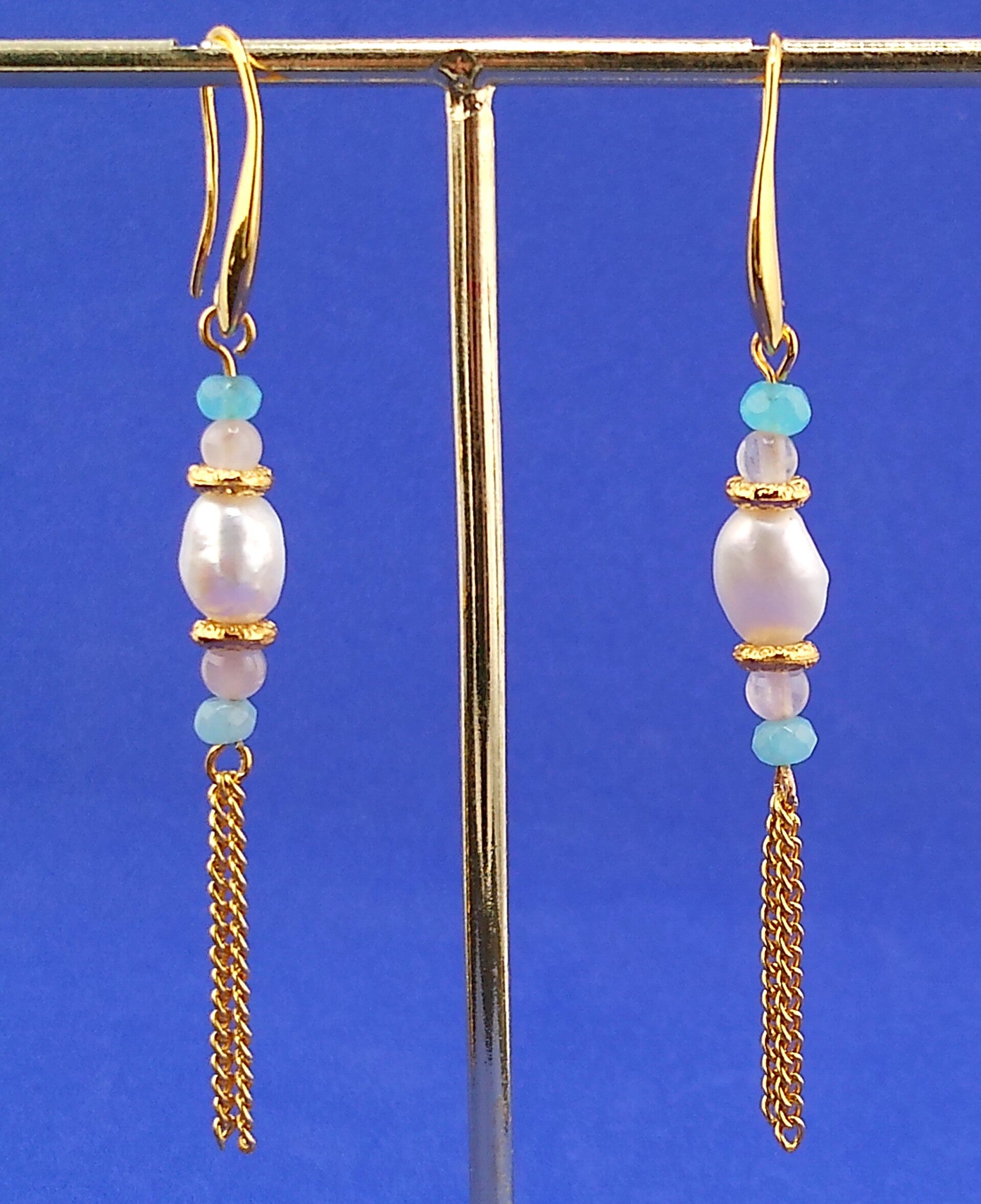 Freshwater Pearl, Blue Apatite & Rose Quartz Drop Earrings – Gold Accents