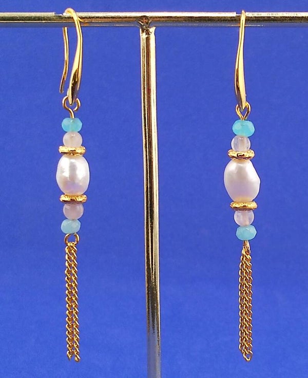 Freshwater Pearl, Blue Apatite & Rose Quartz Drop Earrings – Gold Accents