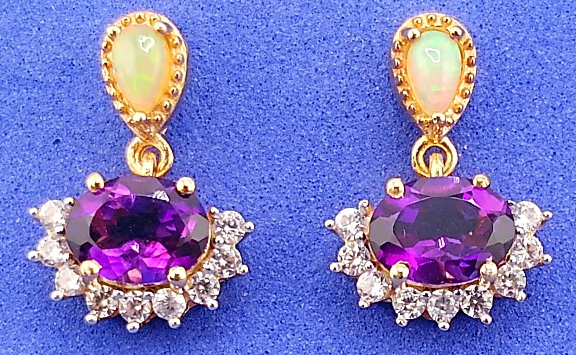 High-Grade Zambian Amethyst, Ethiopian Opal & White Zircon Earrings – Gold Plated Sterling Silver