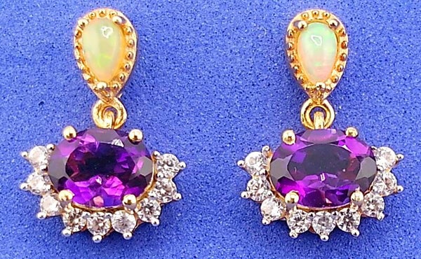 High-Grade Zambian Amethyst, Ethiopian Opal & White Zircon Earrings – Gold Plated Sterling Silver