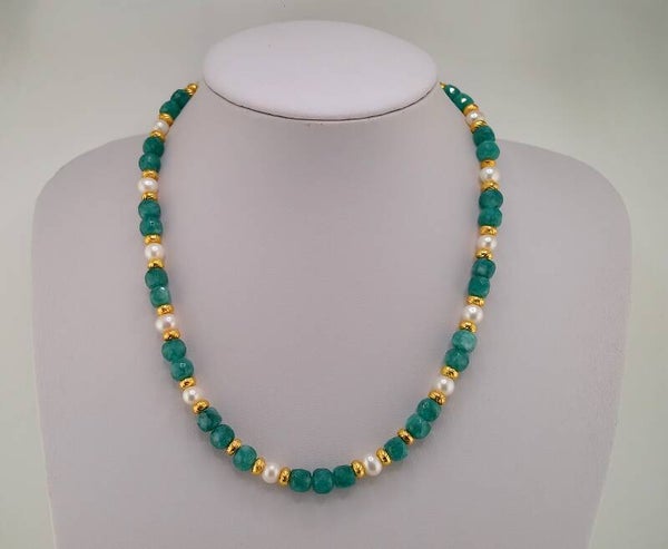 Natural Blue-Green Appatite & Freshwater Pearl Necklace