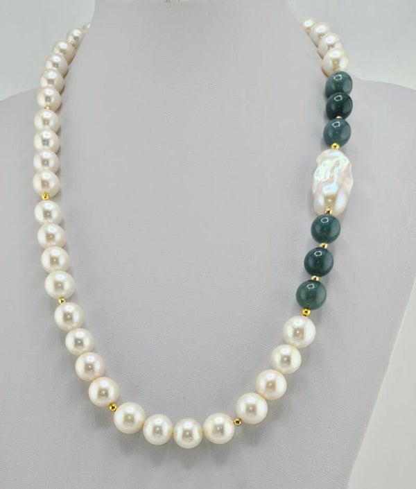 An Exceptional Natural Pearl & Type 'A' 'Blue Water' Guatemalan Jadeite Statement Necklace
