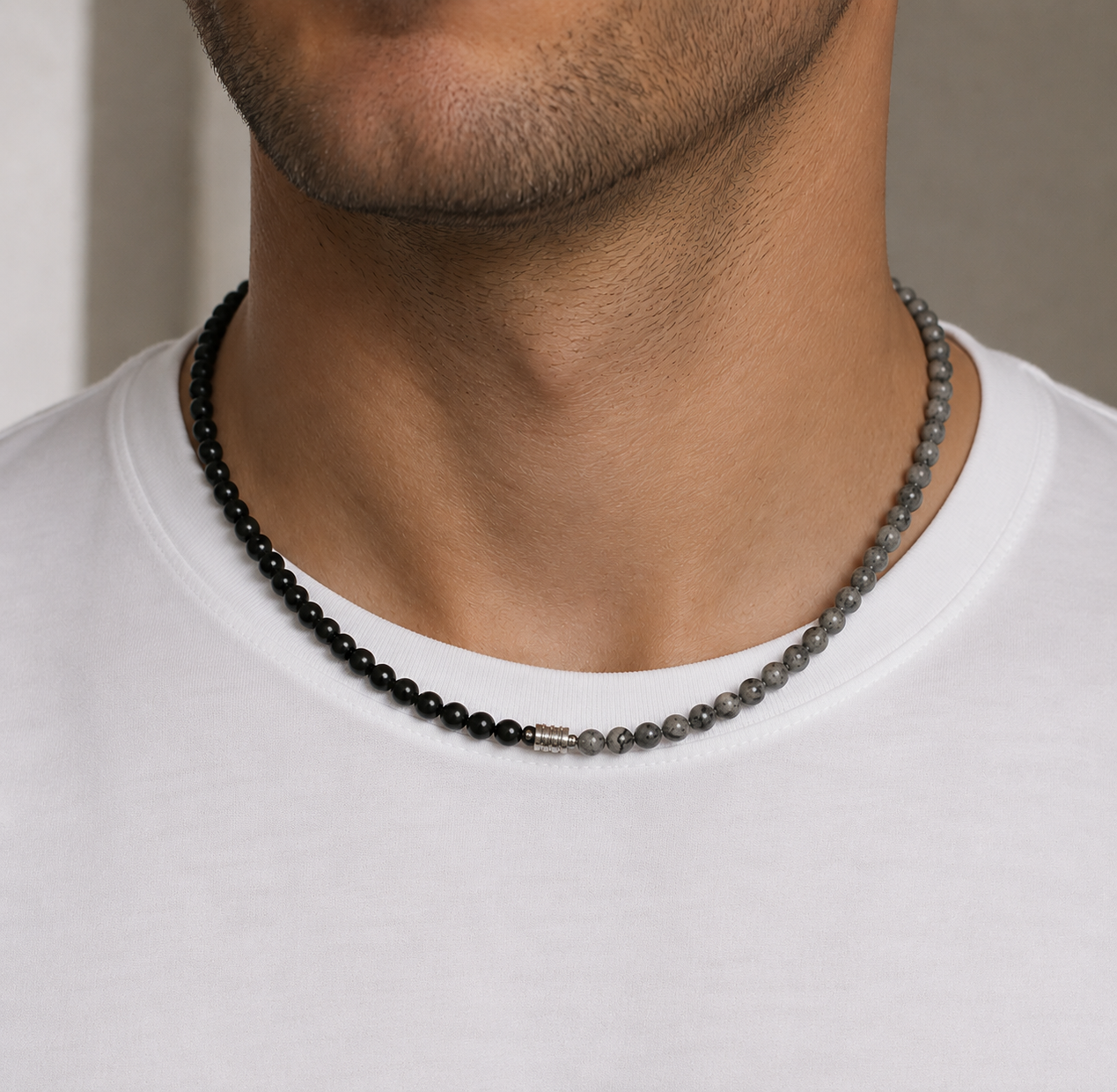 Modern Grey Zebra Jasper & Black Agate Men’s Necklace – Stainless Steel