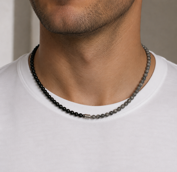Modern Grey Zebra Jasper & Black Agate Men’s Necklace – Stainless Steel