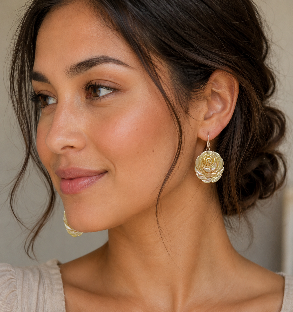 Hand-Carved Golden Mother of Pearl Peony Earrings