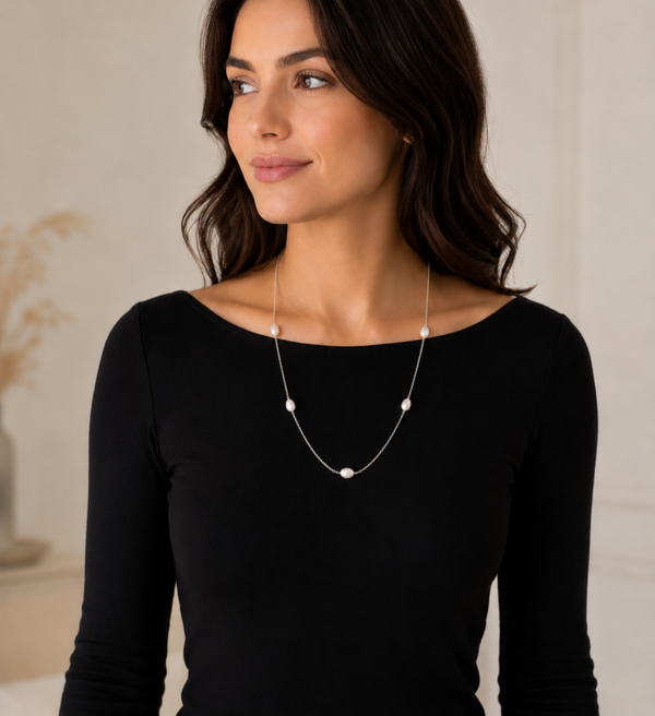Handmade Natural Freshwater Pearl Station Necklace