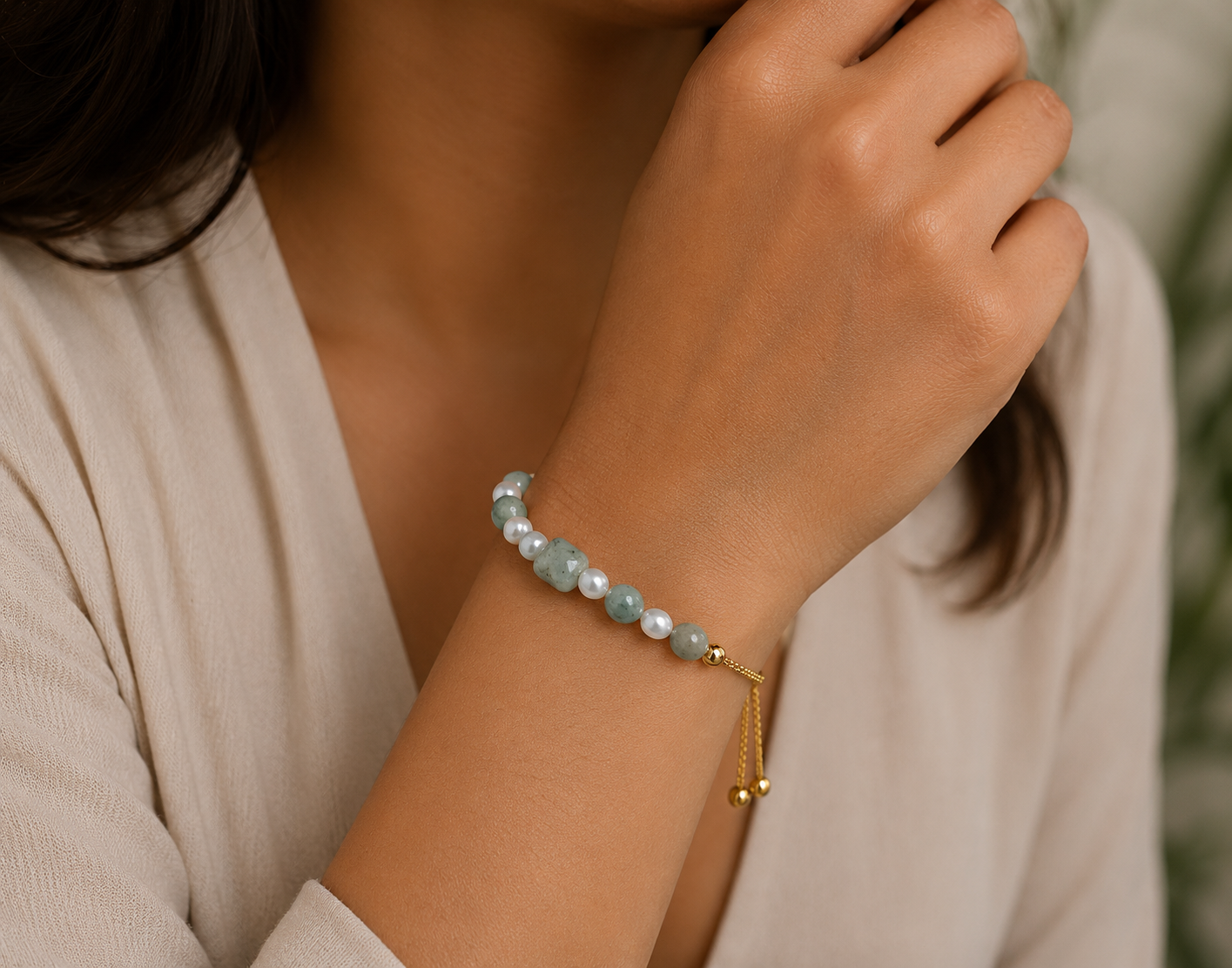 Type A Burmese Jade and Freshwater Pearl Adjustable Bolo Bracelet