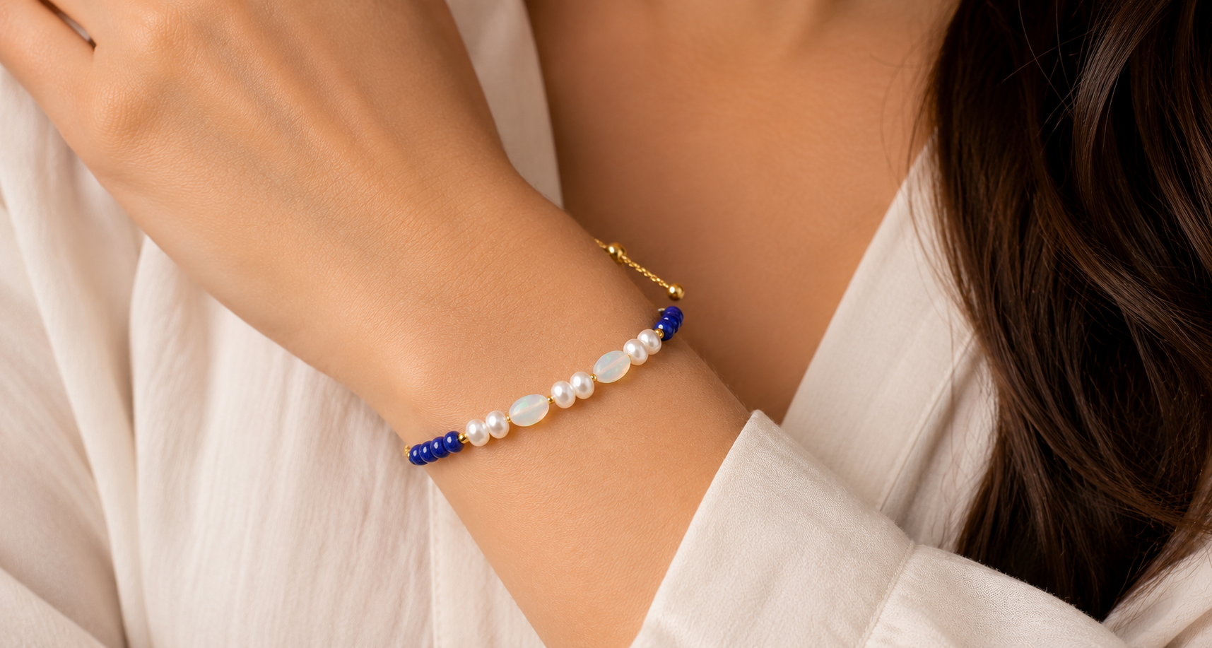 Natural Lapis Lazuli, Ethiopian Opal and Freshwater Pearl Adjustable Bolo Bracelet