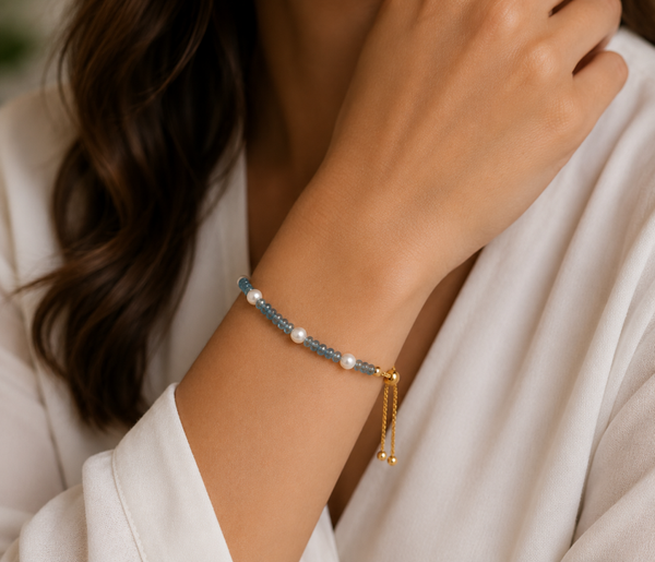 Aquamarine and Freshwater Pearl Adjustable Bolo Bracelet