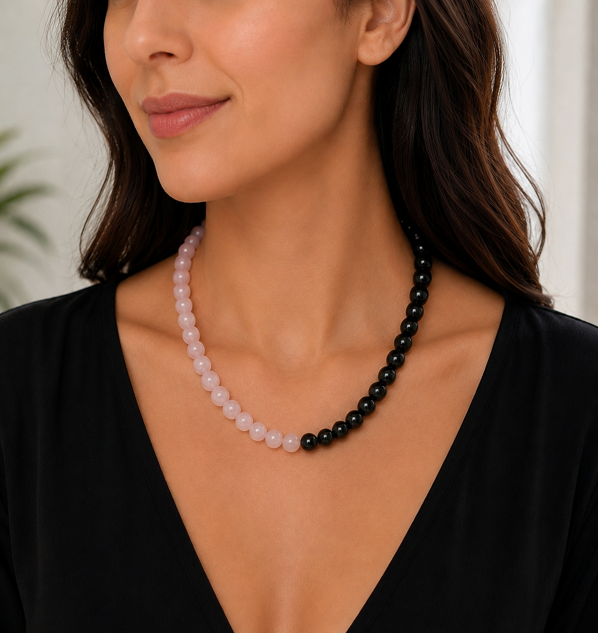 Yin Yang Style Black Agate and Rose Quartz Necklace