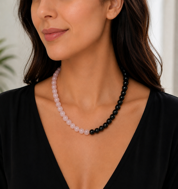 Yin Yang Style Black Agate and Rose Quartz Necklace