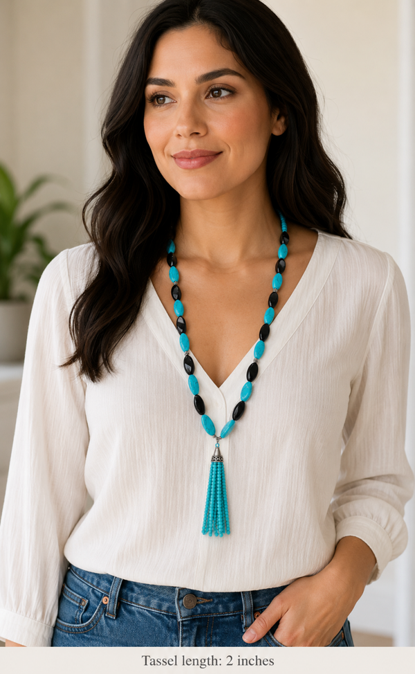 Black and Blue Howlite Tassel Necklace