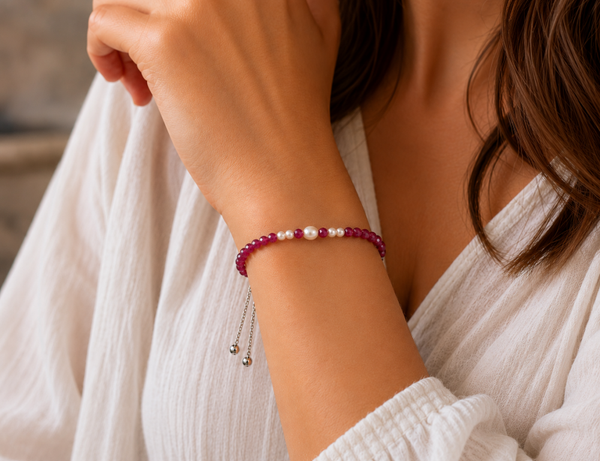 Natural Ruby and Freshwater Pearl Adjustable Bolo Bracelet