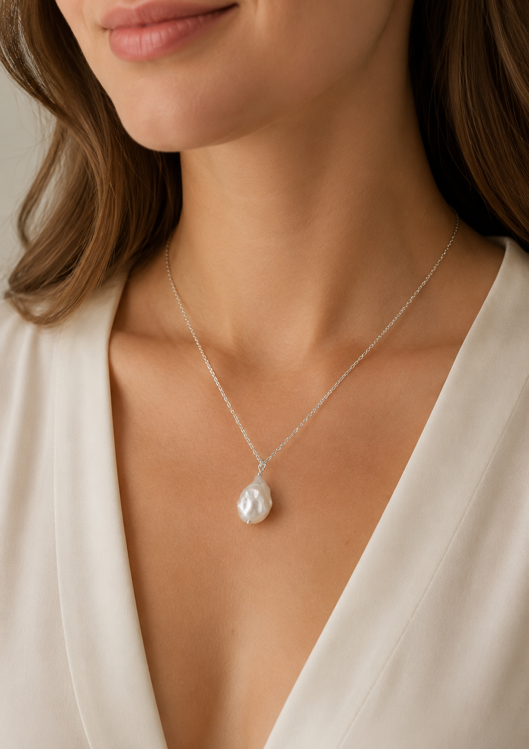 Natural White Baroque Pearl Necklace in 925 Sterling Silver