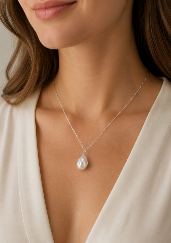 Natural White Baroque Pearl Necklace in 925 Sterling Silver