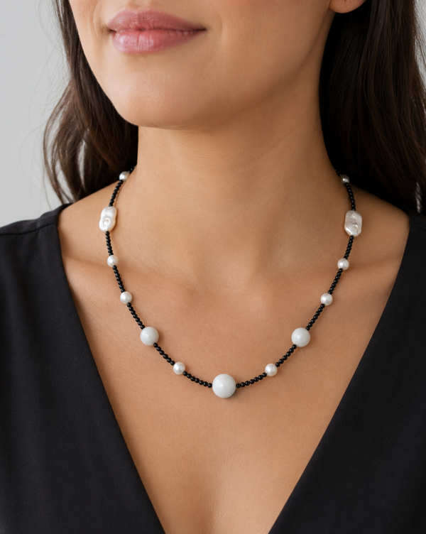 Type A Aqua Jade, AAA Keshi Pearl and Black Spinel Necklace