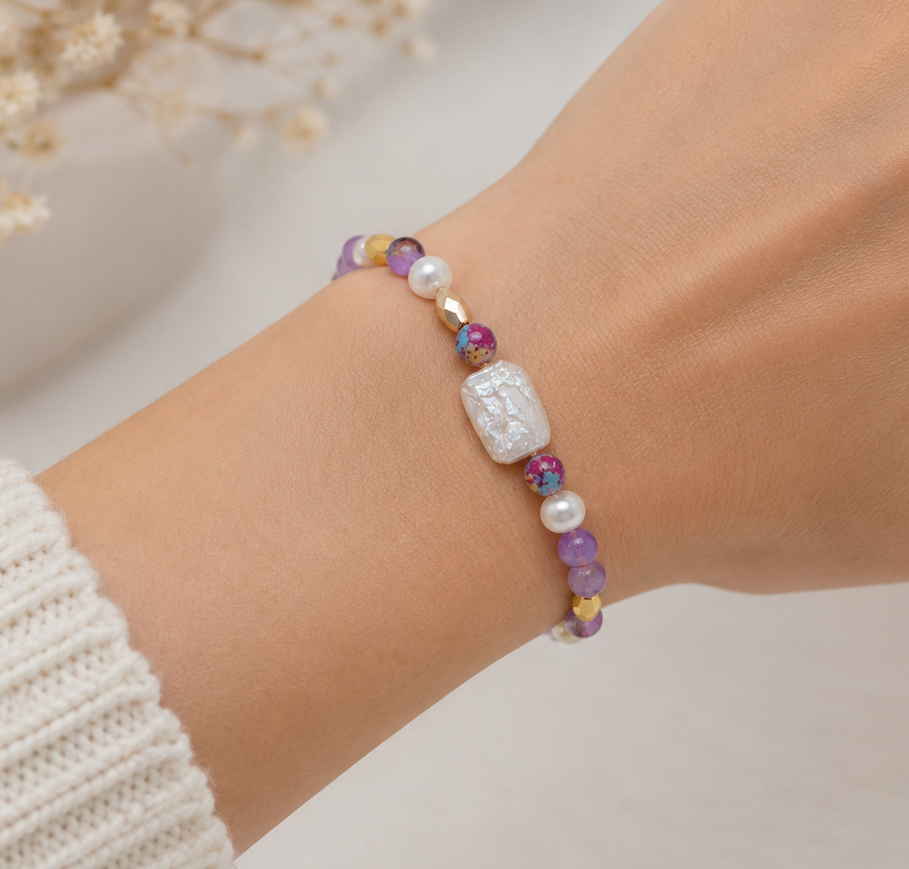 Handmade Purple Imperial Stone and Keshi Pearl Bracelet