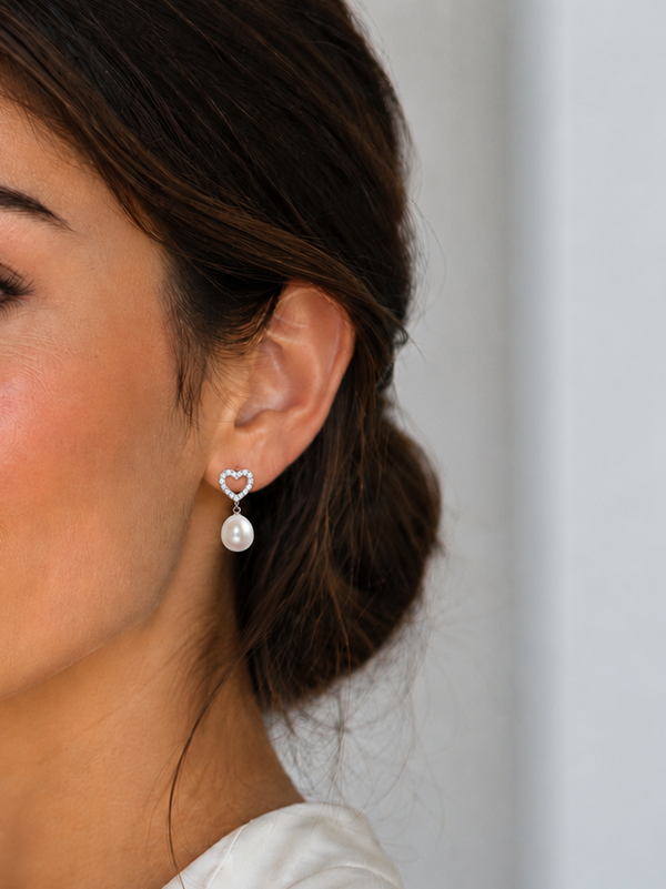 Freshwater Pearl Earrings with Heart Bail and White Zircon Accents