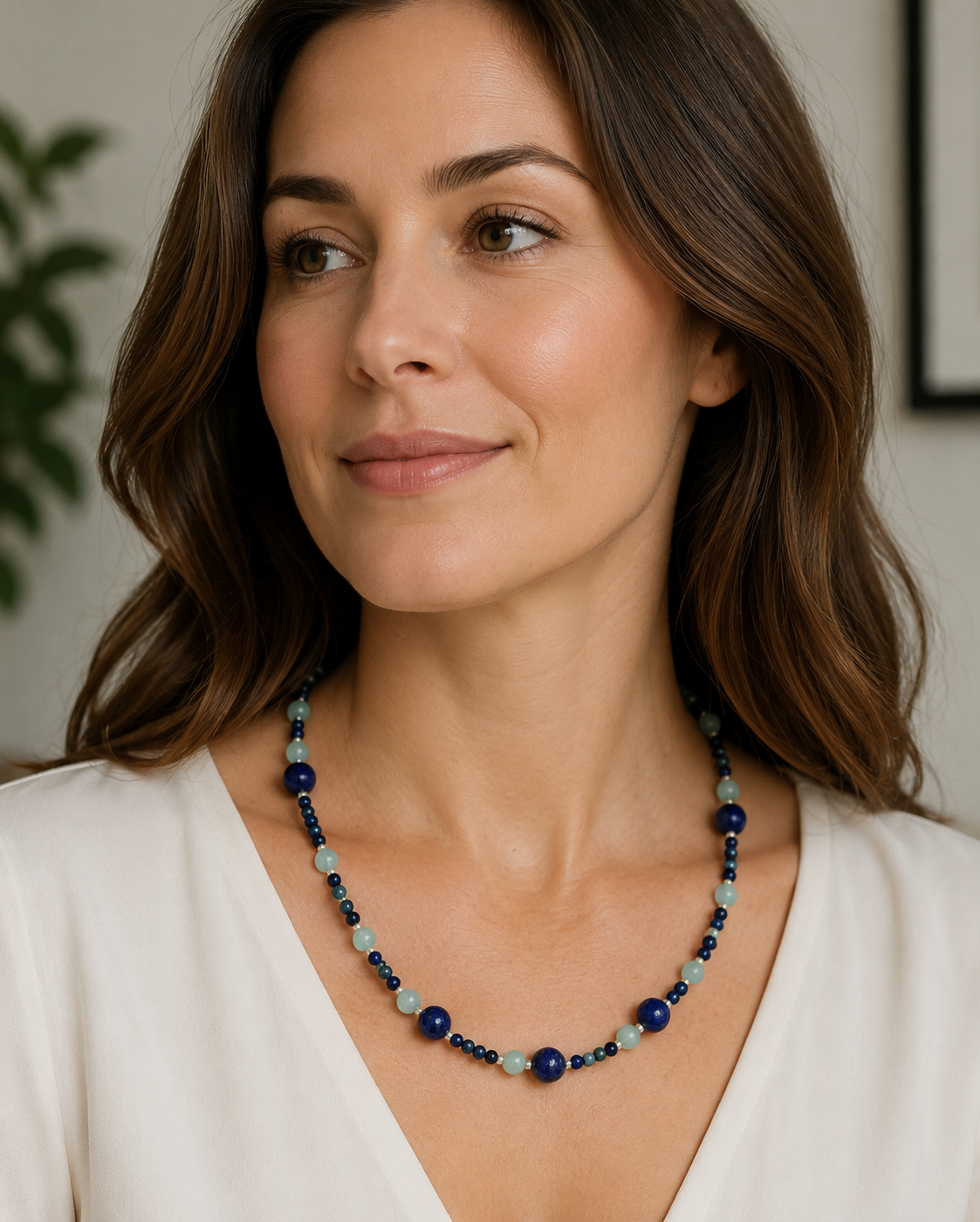 Lapis Lazuli and Aquamarine Necklace with Freshwater Pearl Accents