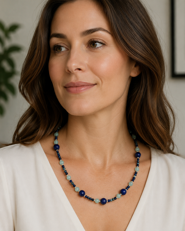 Lapis Lazuli and Aquamarine Necklace with Freshwater Pearl Accents