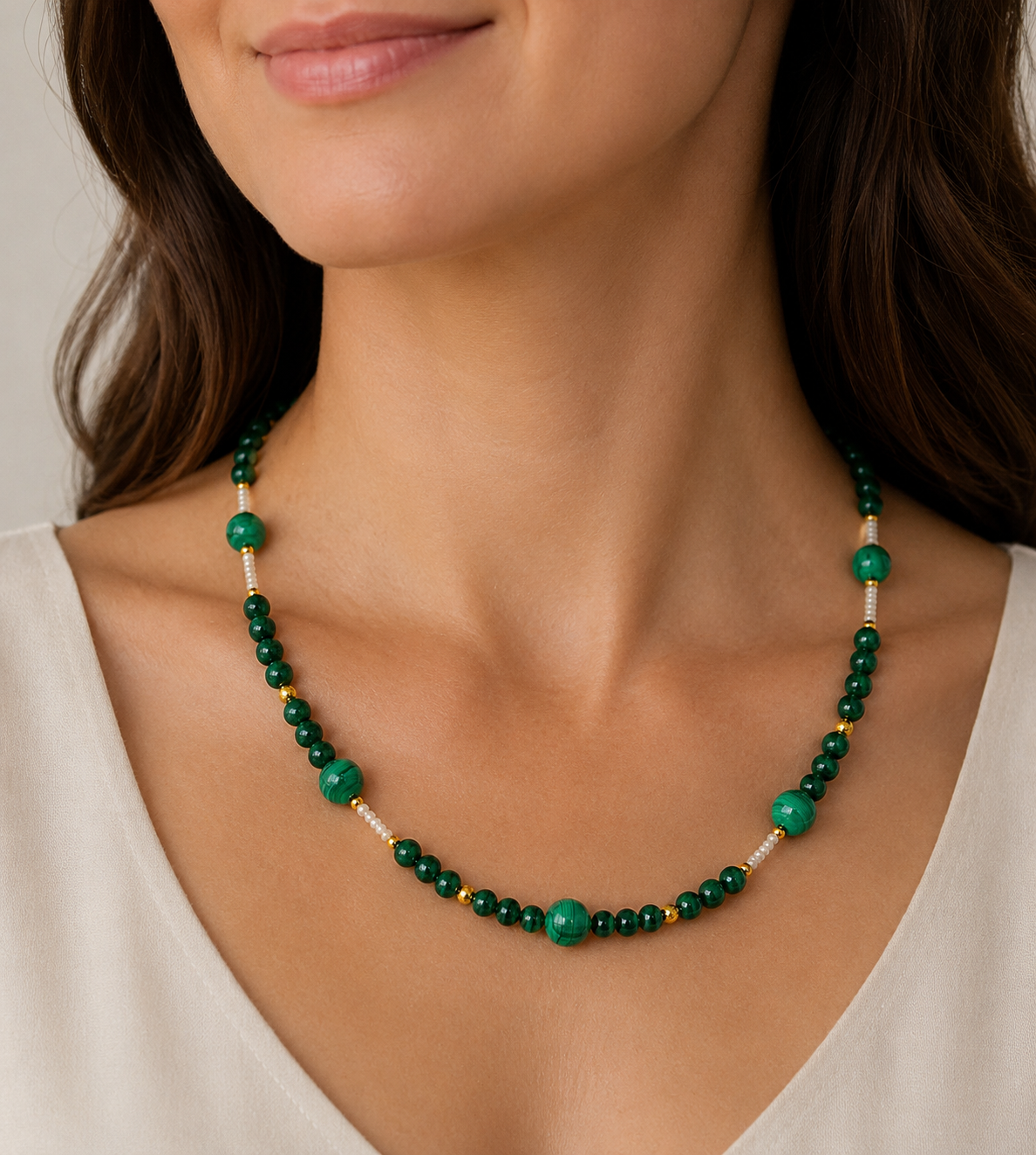 Handmade Natural Malachite and Seed Pearl Necklace in Gold-Plated 925 Sterling Silver