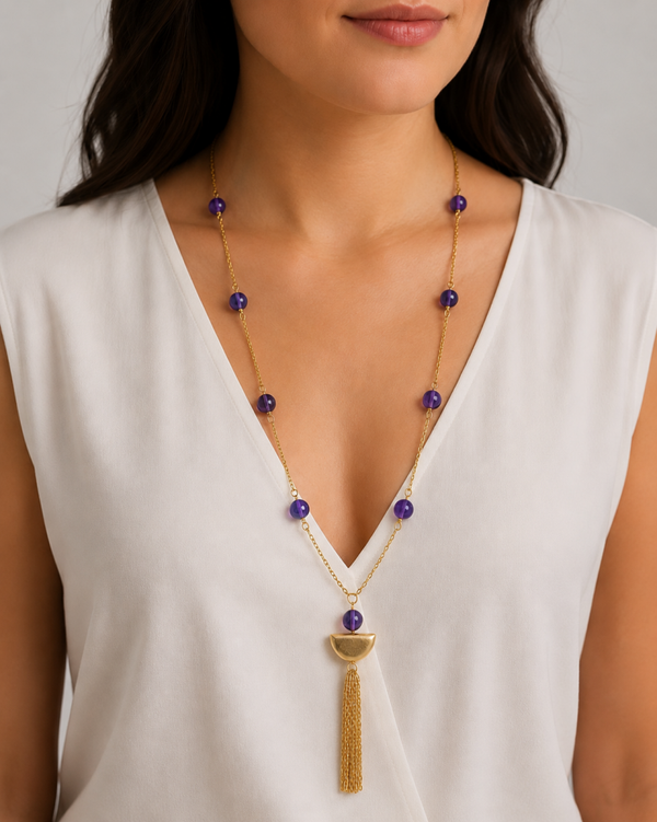 Zambian African Amethyst Longline Boho Necklace