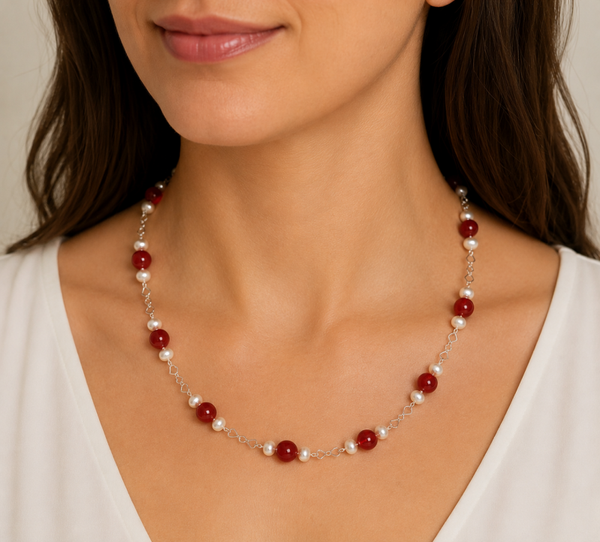 Freshwater Pearl and Cinnabar Necklace in 925 Sterling Silver