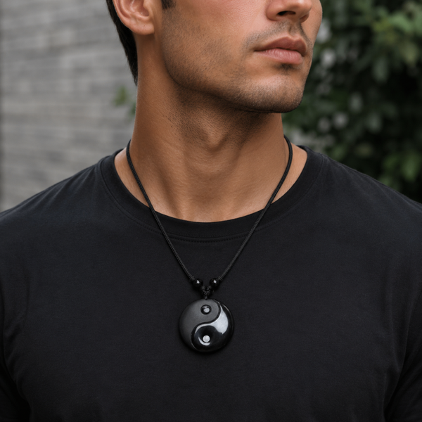 Hand-Carved Obsidian Yin Yang Bagua Pendant – Adjustable Cord Necklace