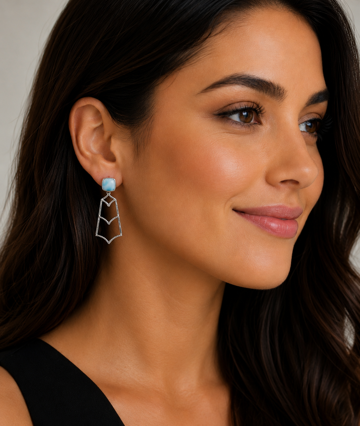 Natural Larimar Drop Earrings – Sterling Silver V-Bar