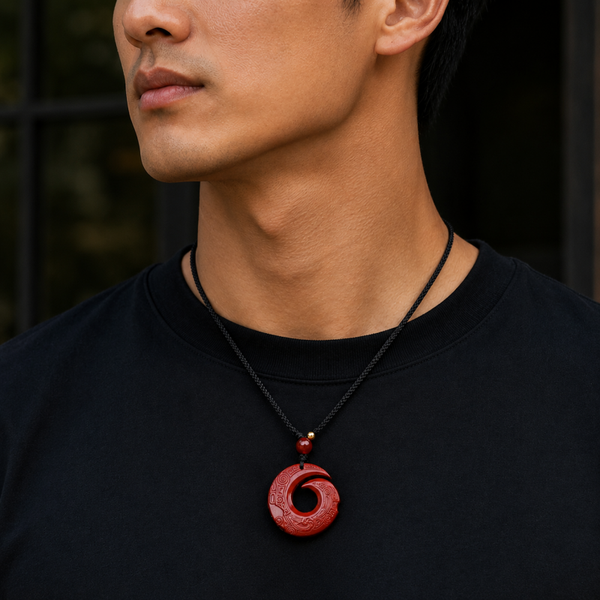 Hand-Carved Cinnabar Pendant Necklace – Adjustable Cord