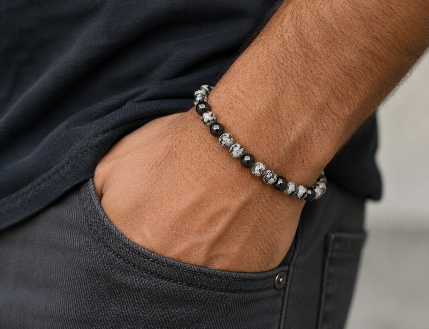 Natural Snowflake Obsidian Stretch Bracelet