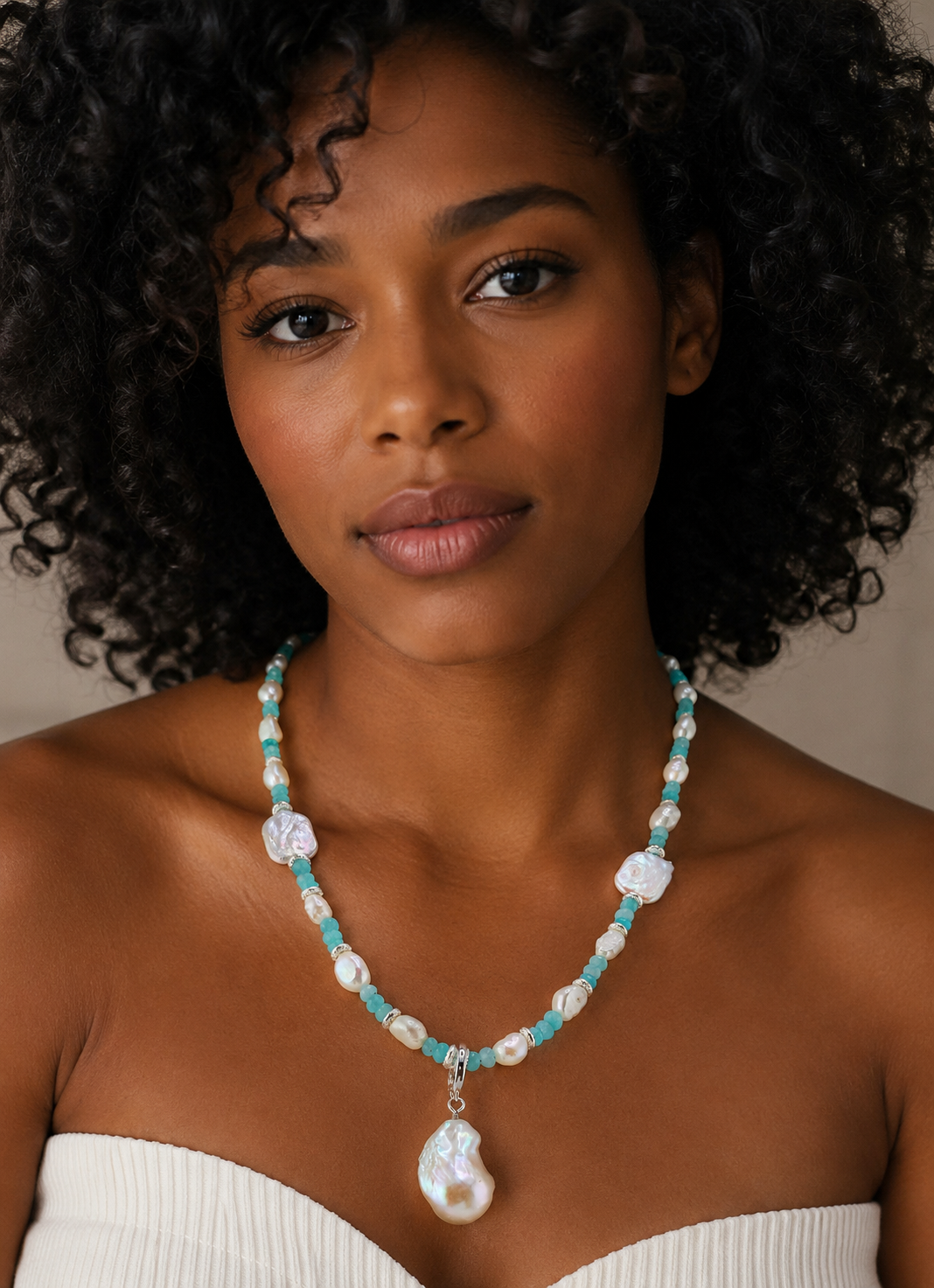 Keshi & Freshwater Pearl Necklace with Blue Apatite – Detachable Baroque Pearl Pendant