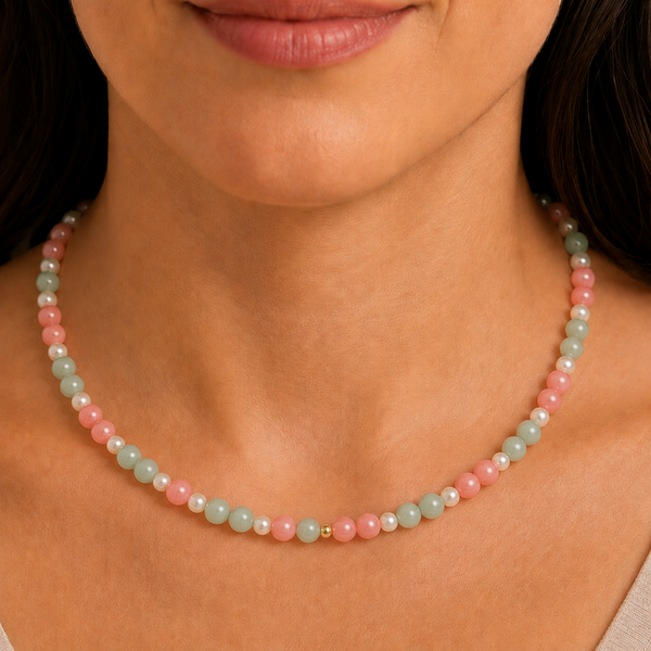 Multi-Colour Jade, Strawberry Quartz and Seashell Pearl Necklace