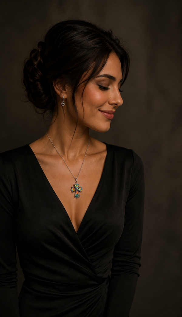 Murano Style Cross Necklace – Oxidised Stainless Steel Chain