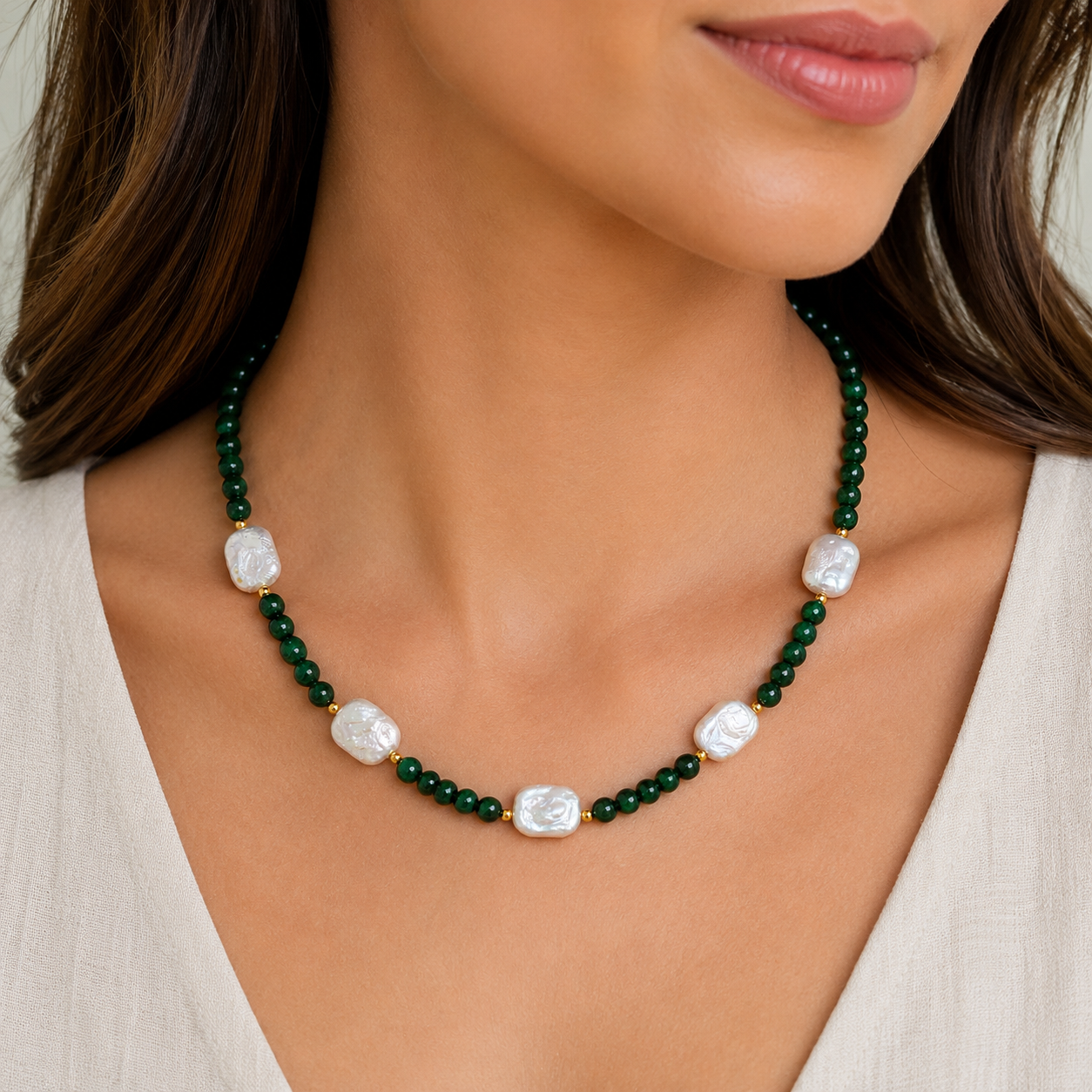 Handmade Natural Malachite and AAA Grade Multi-Colour Keshi Pearl Necklace