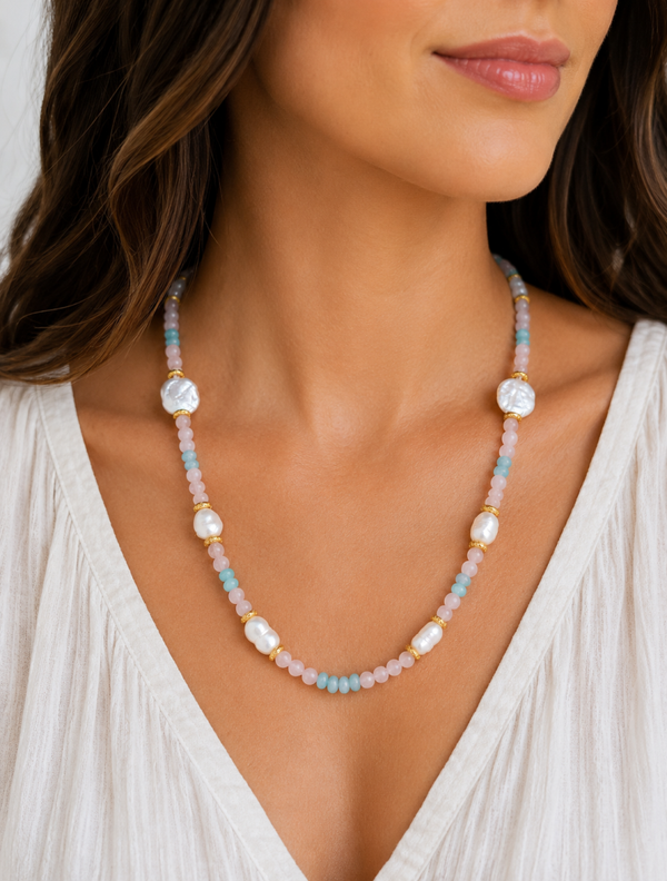 Rose Quartz, Aquamarine & Freshwater Pearl Necklace – Gold Accents