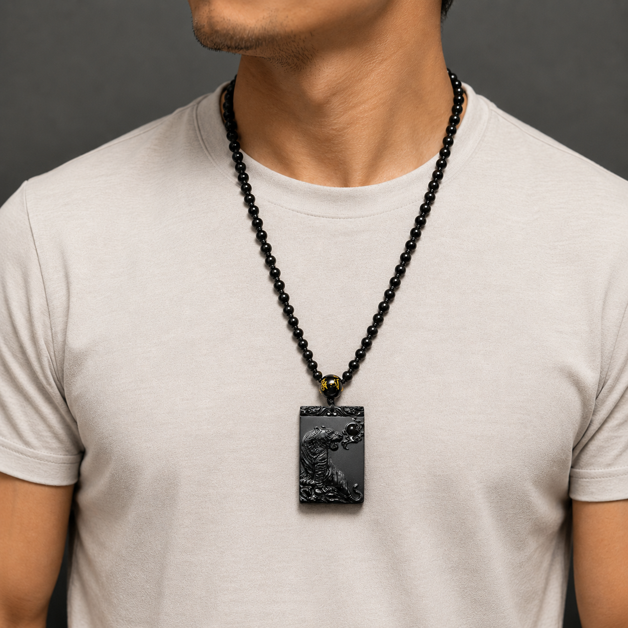 Hand-Carved Black Obsidian Mountain Tiger Pendant – Beaded Necklace