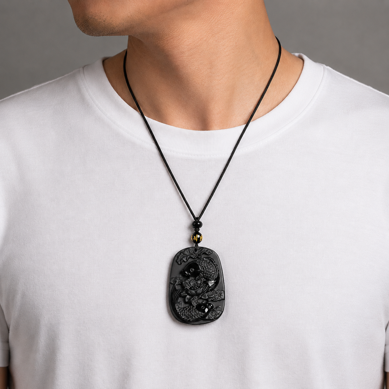 Hand-Carved Obsidian Koi & Lotus Pendant Necklace