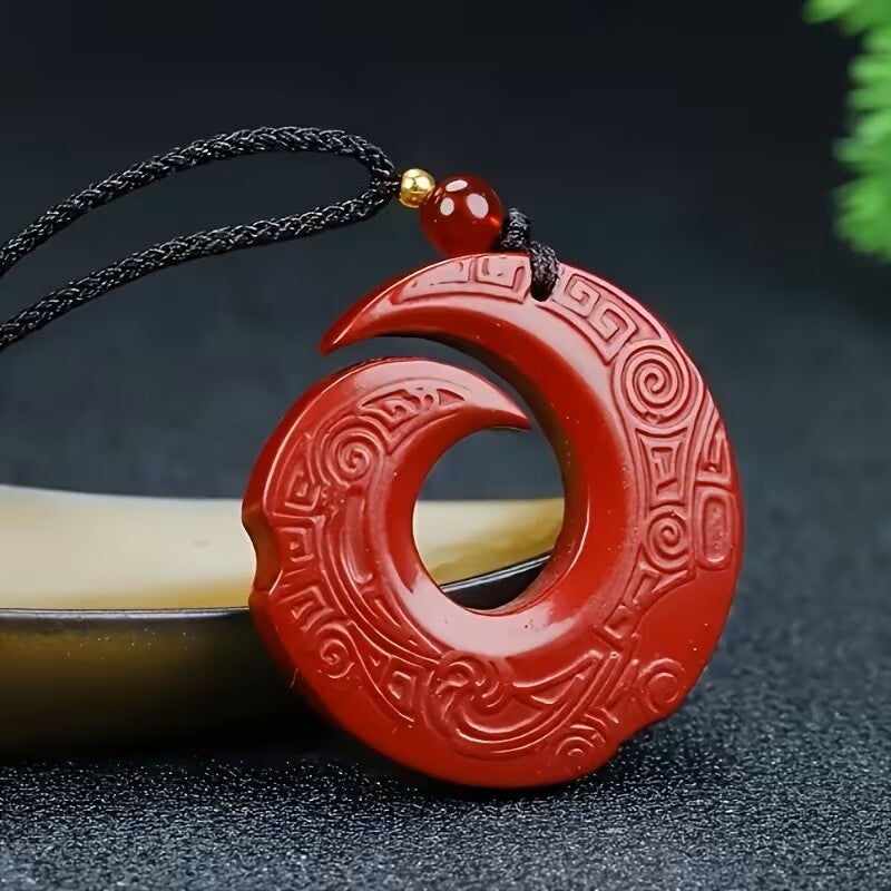 Hand-Carved Cinnabar Pendant Necklace – Adjustable Cord