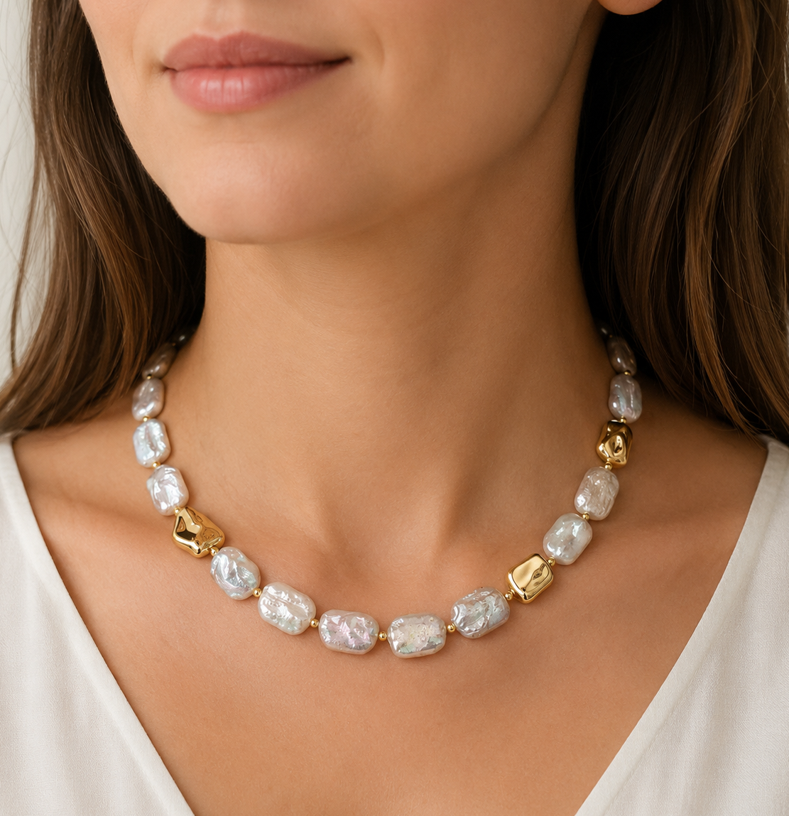 Luxury AAA Keshi Pearl Necklace with Gold-Plated Accents