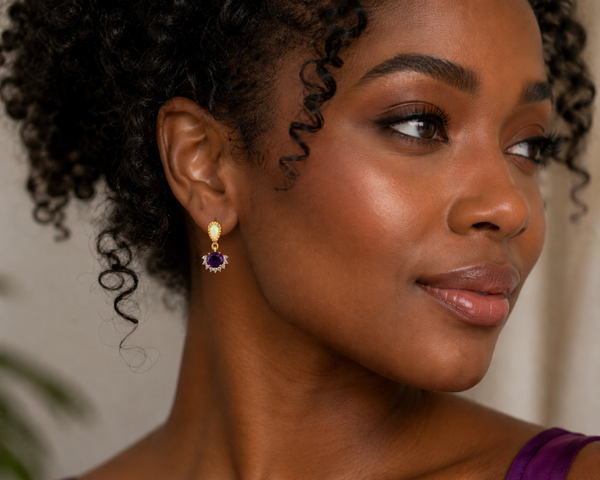 High-Grade Zambian Amethyst, Ethiopian Opal & White Zircon Earrings – Gold Plated Sterling Silver