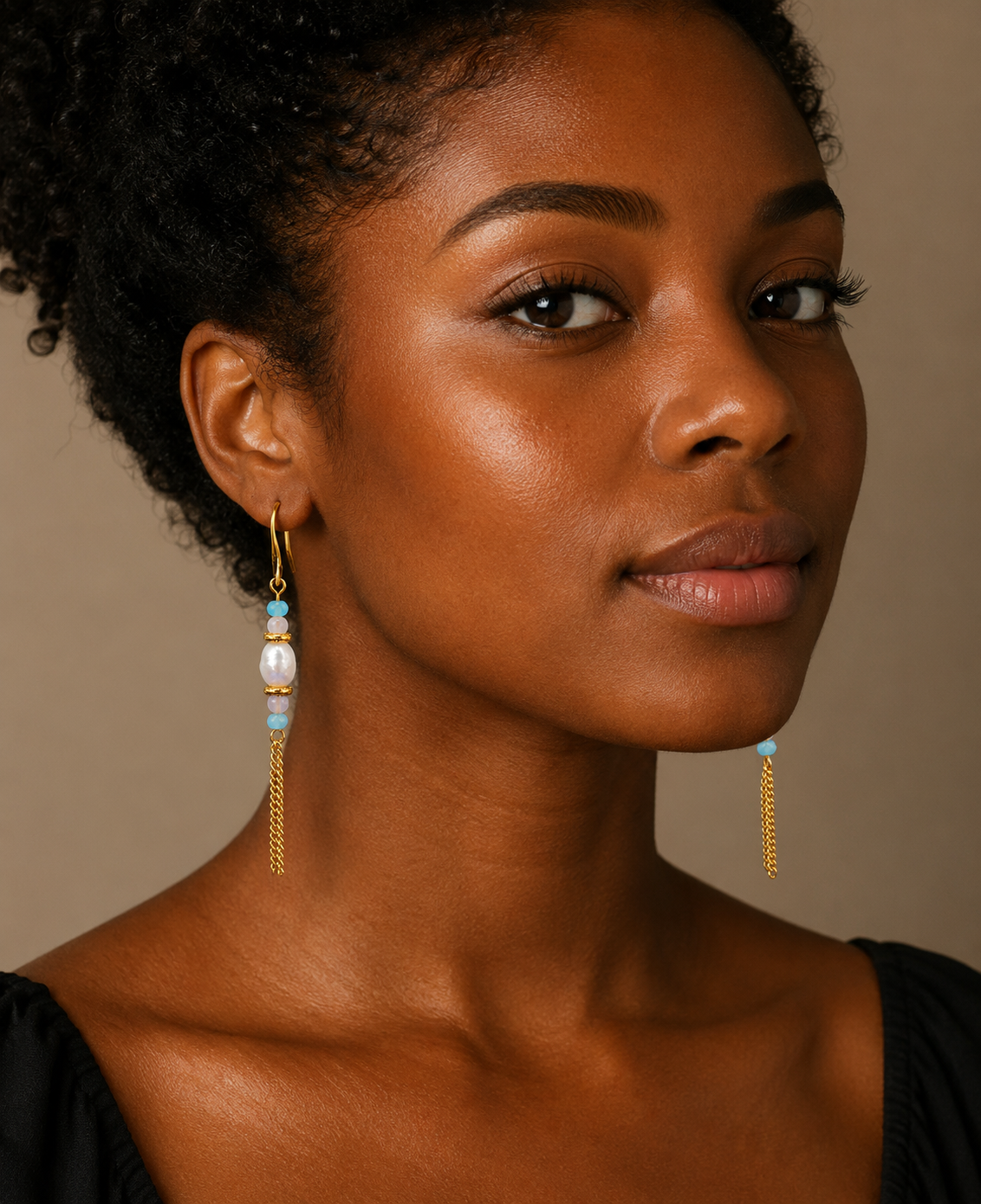 Freshwater Pearl, Blue Apatite & Rose Quartz Drop Earrings – Gold Accents