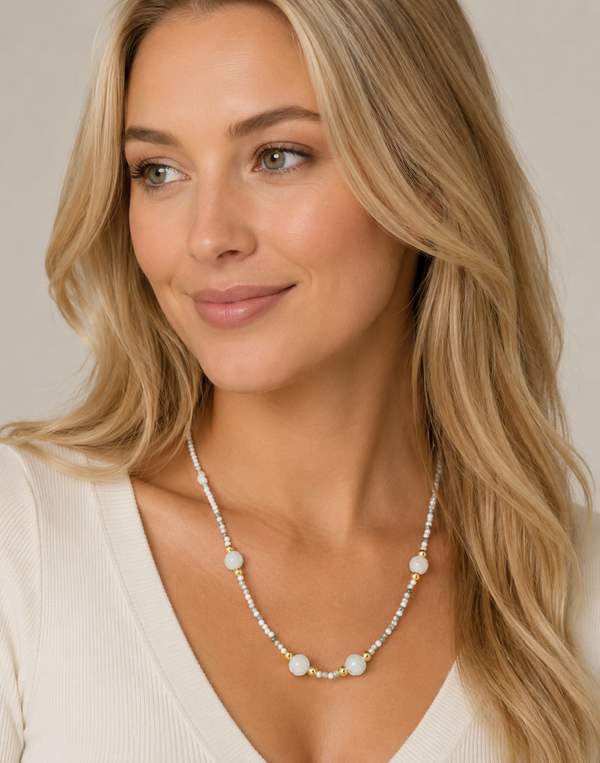Type A Burmese Aqua Jadeite & Moss Agate Necklace – Gold Accents