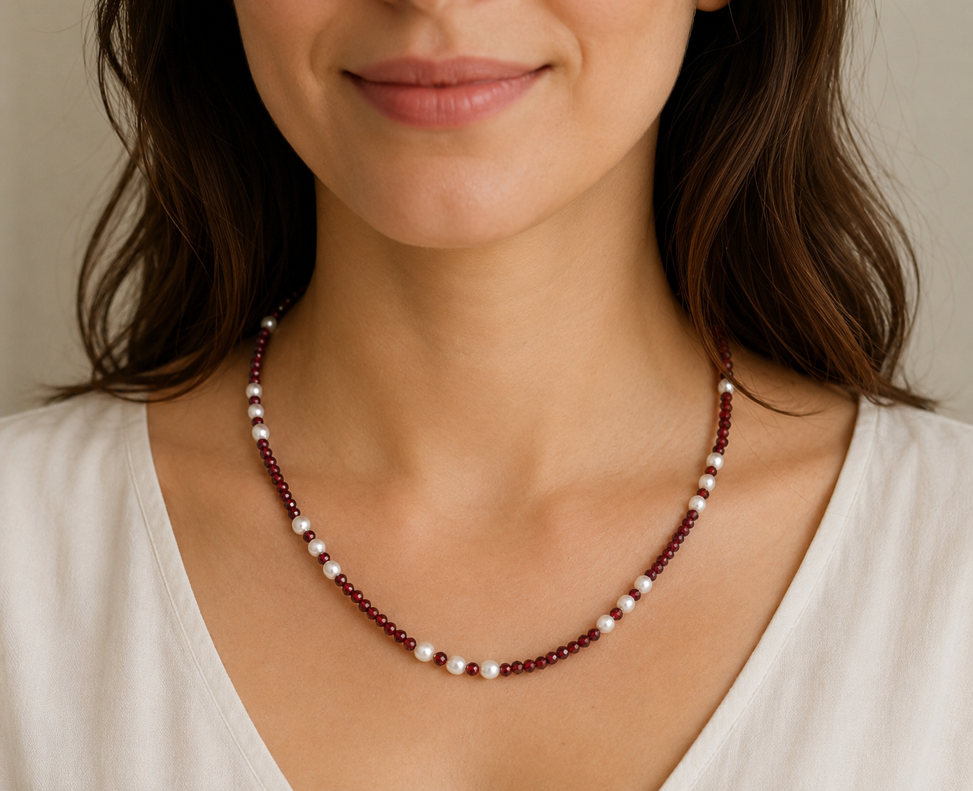Natural Red Garnet & Seed Pearl Necklace – Gold Plated Sterling Silver