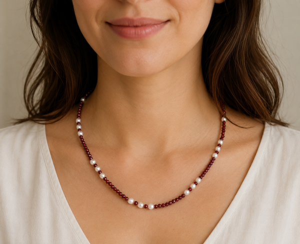 Natural Red Garnet & Seed Pearl Necklace – Gold Plated Sterling Silver