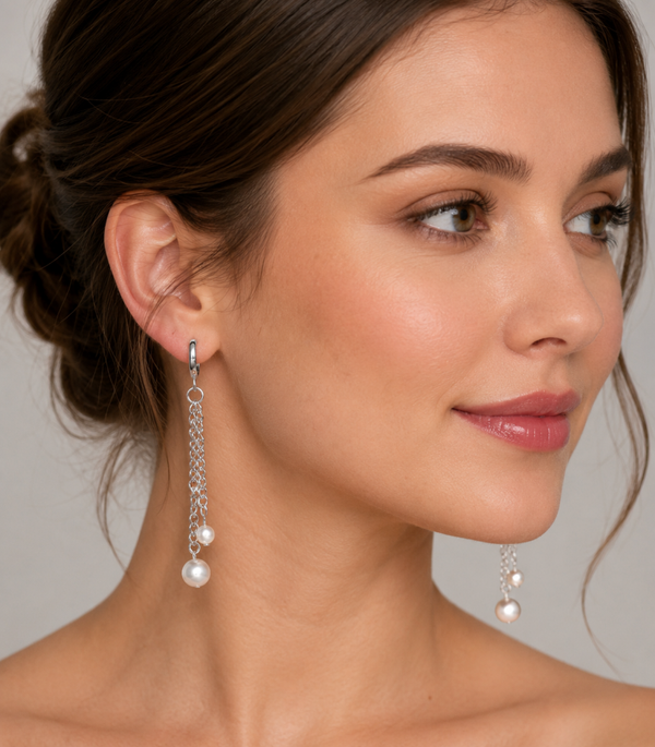 Modern Freshwater Pearl Drop Earrings – Silver Plated Chain