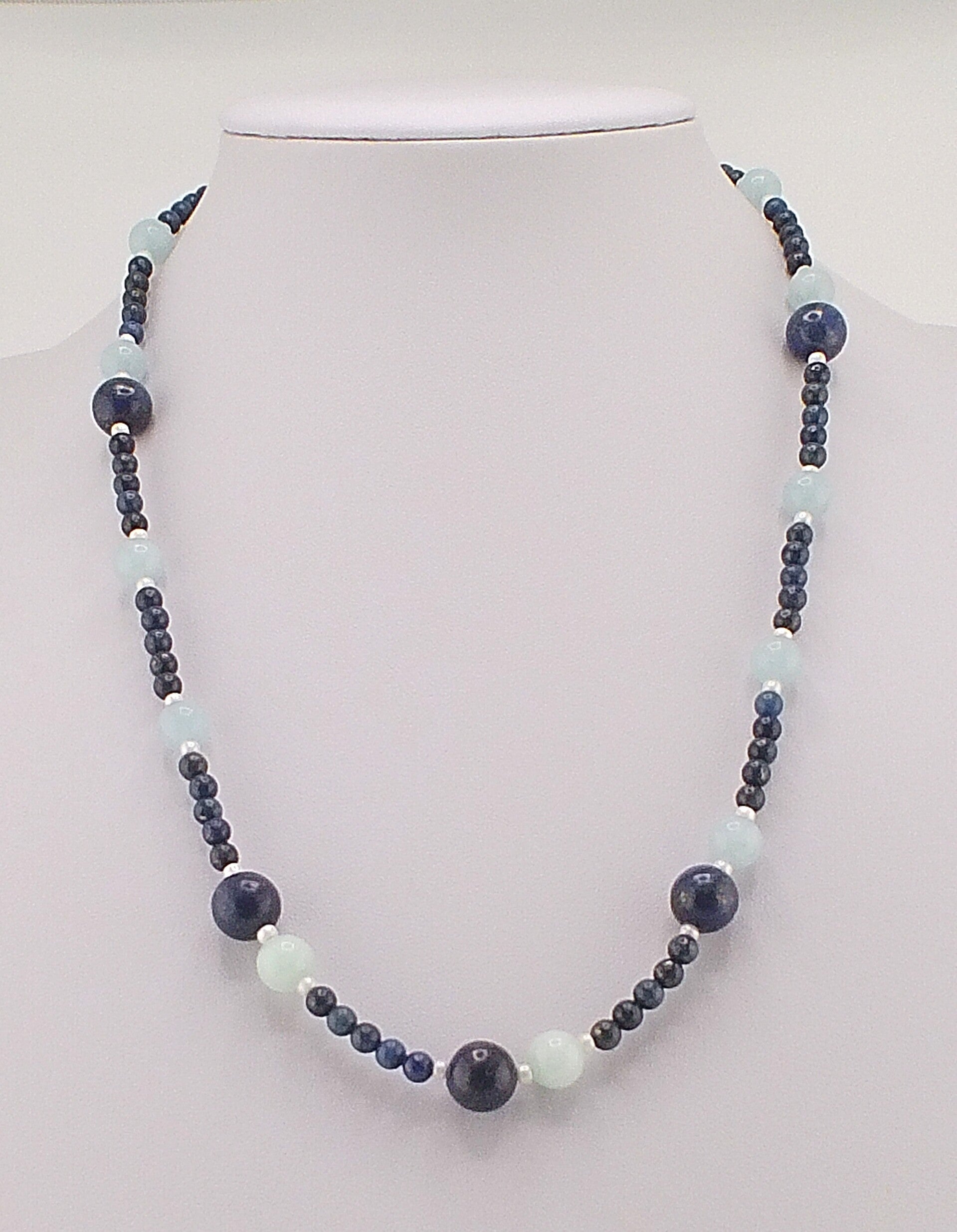 Lapis Lazuli and Aquamarine Necklace with Freshwater Pearl Accents