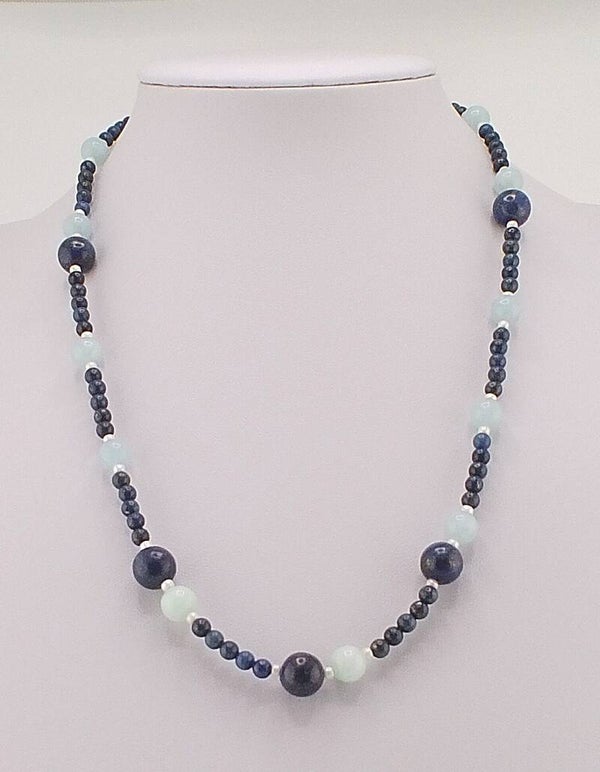 Lapis Lazuli and Aquamarine Necklace with Freshwater Pearl Accents